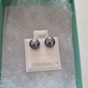 Elegant Sterling Silver Dark Gray Pearl Stud Earrings